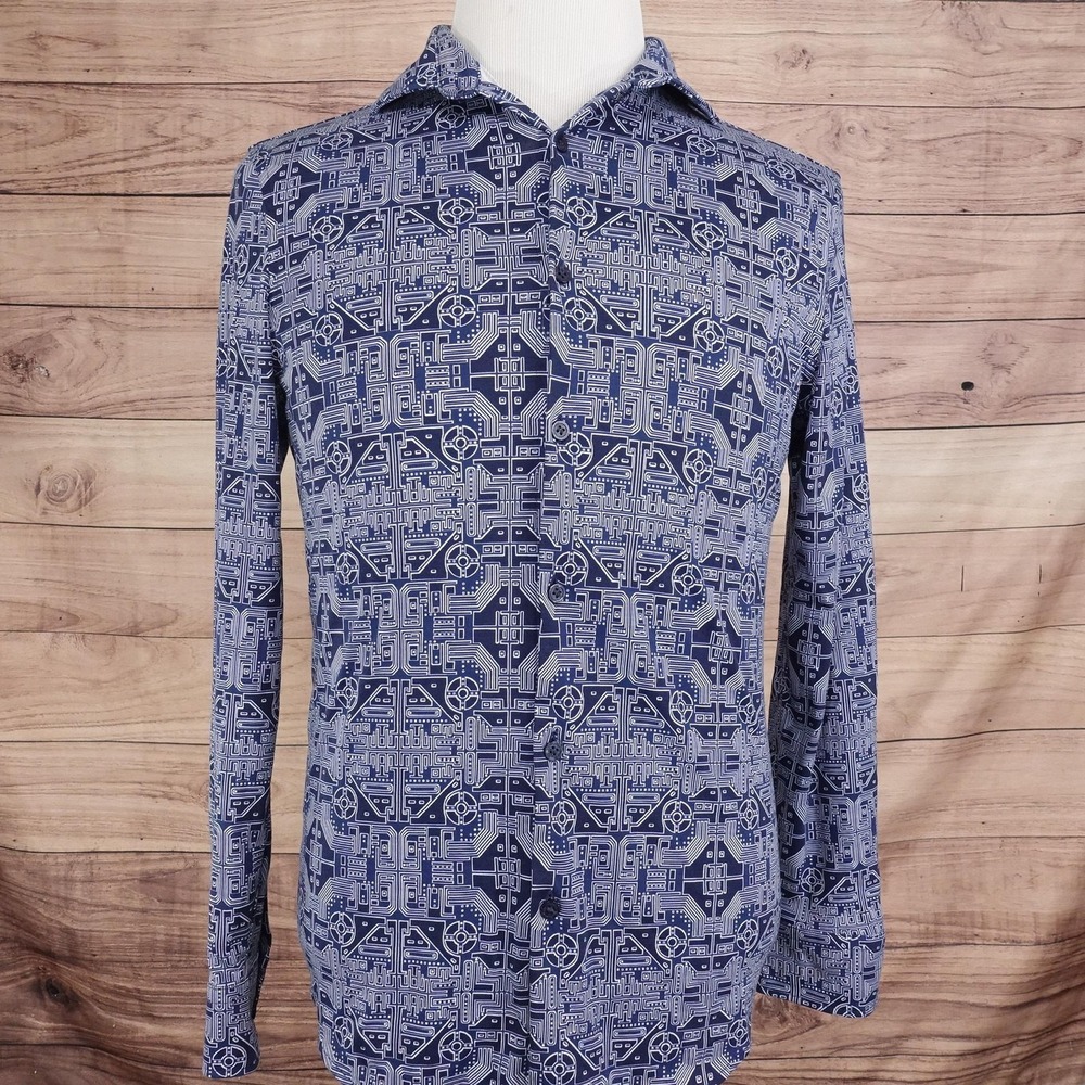 Murano Liquid Luxury Shirt M Blue Tech Circuit Print Button-Up Slim Fit View 3